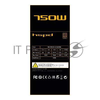 Блок питания Power Supply HSPD, 750W 80 PLUS Bronze (ATX, 2.31, Semi-modular, 1x24(20+4)pin 550мм, 1xCPU*2 8(4+4)pin 600+150мм, 1xPCIe*2 8(6+2)pin 500+150мм, 2xSATA*3 400+150+150мм, 1xMOLEX4pin*3+FDD 400+150+150+150мм, Active, 120x120мм, 150x140x86мм, APF