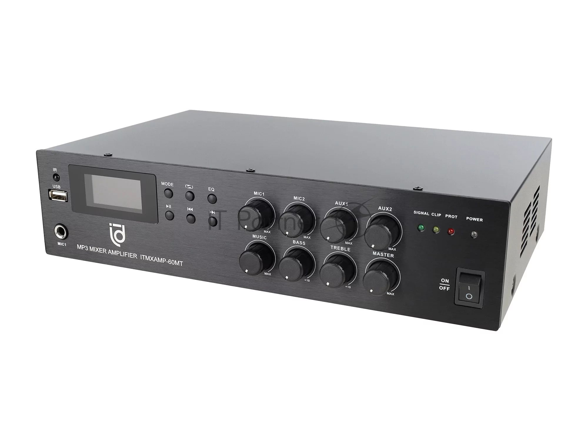 Микшер-усилитель Intrend ITMXAMP-60MT MP3, FM тюнер, USB, Bluetooth, 2хMic/3хLine входы, 1хLine выход,60 Вт, 4/8Ом/100V, IR-пульт в комплекте