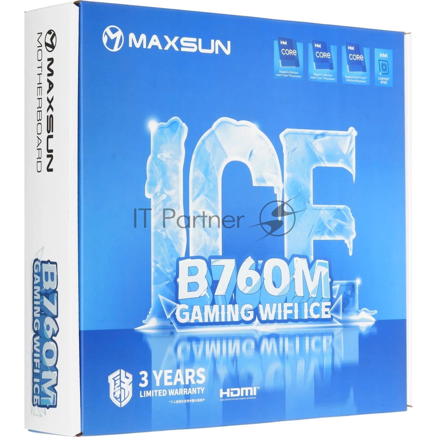 Материнская плата Maxsun B760M GAMING WIFI ICE, LGA 1700, Intel B760, 2xDDR4, 3xSATA, 1xM.2, 1xPCIe 4.0 x16, 1xPCIe x1, 1xVGA, 1xHDMI, 1x1Gb LAN, Wi-Fi 5, Bluetooth 4.2, 2xUSB-A 5Gbps, 4xUSB-A 2.0, 3x3.5 мм, 7.1, белый, mATX