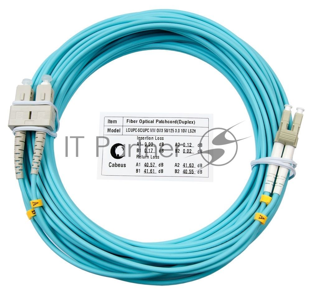 Патч-корд оптический Cabeus Tight Buffer, Duplex LC/SC, OM3 50/125, LSZH, 10м, Ø 3мм, серый хвостовик, бирюзовый
