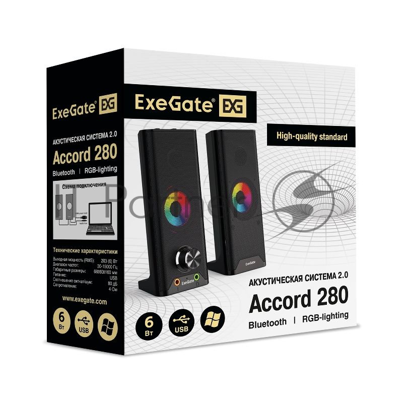 Саундбар-акустическая система 2.0 ExeGate EX289681RUS Accord 280 питание USB, Bluetooth, 2х3Вт (6Вт RMS), 60-20000Гц,черный, RGB подсветка