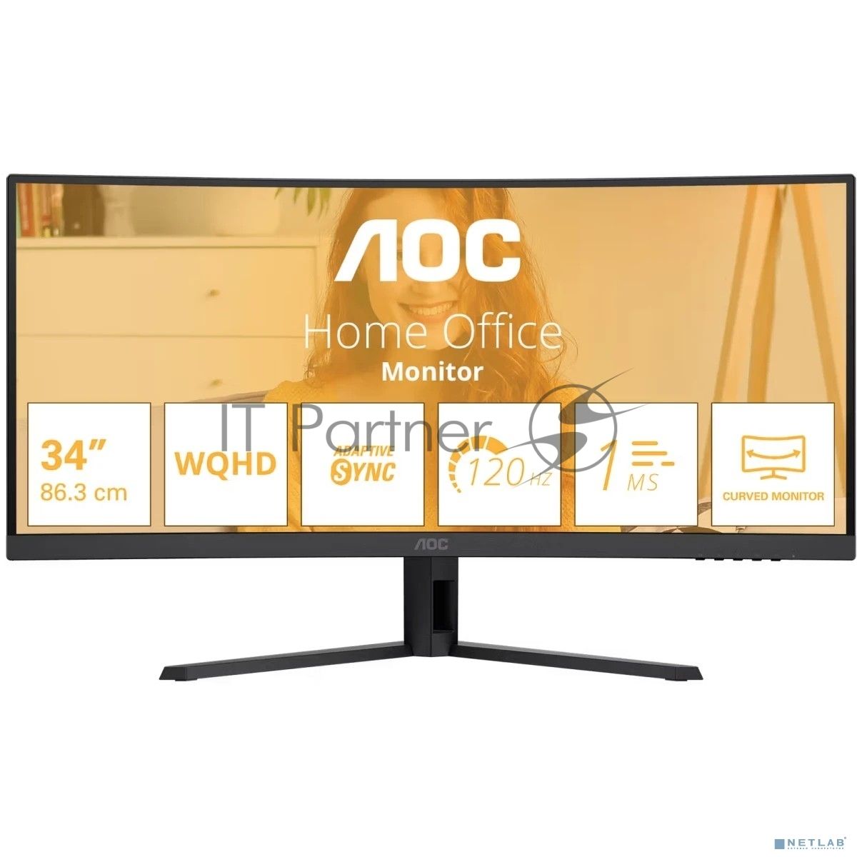 Монитор 34" AOC CU34B3E VA 3440x1440, 120 Гц, 4 мс, 21:9, 300 кд/м², HDMI, DisplayPort, изогнутый экран, HDR, Flicker Free, Low Blue Light, черный