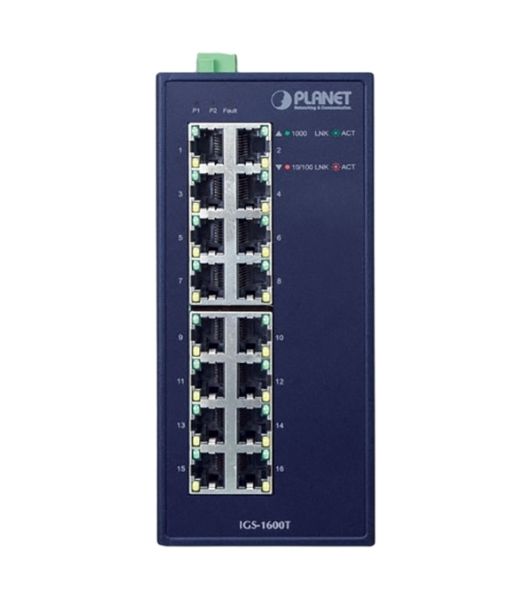 Коммутатор PLANET IGS-1600T IP30 Industrial 16-Port 10/100/1000T Gigabit Ethernet Switch (-40~75 degrees C, dual 12~48V DC/24V AC),UL certified