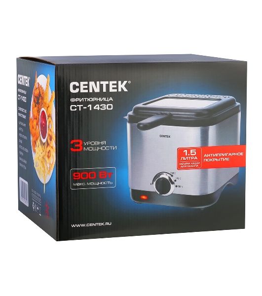 Фритюрница Centek CT-1430 серебристый, 900 Вт, 1.5 л, 0.5 кг, антипригарное покрытие