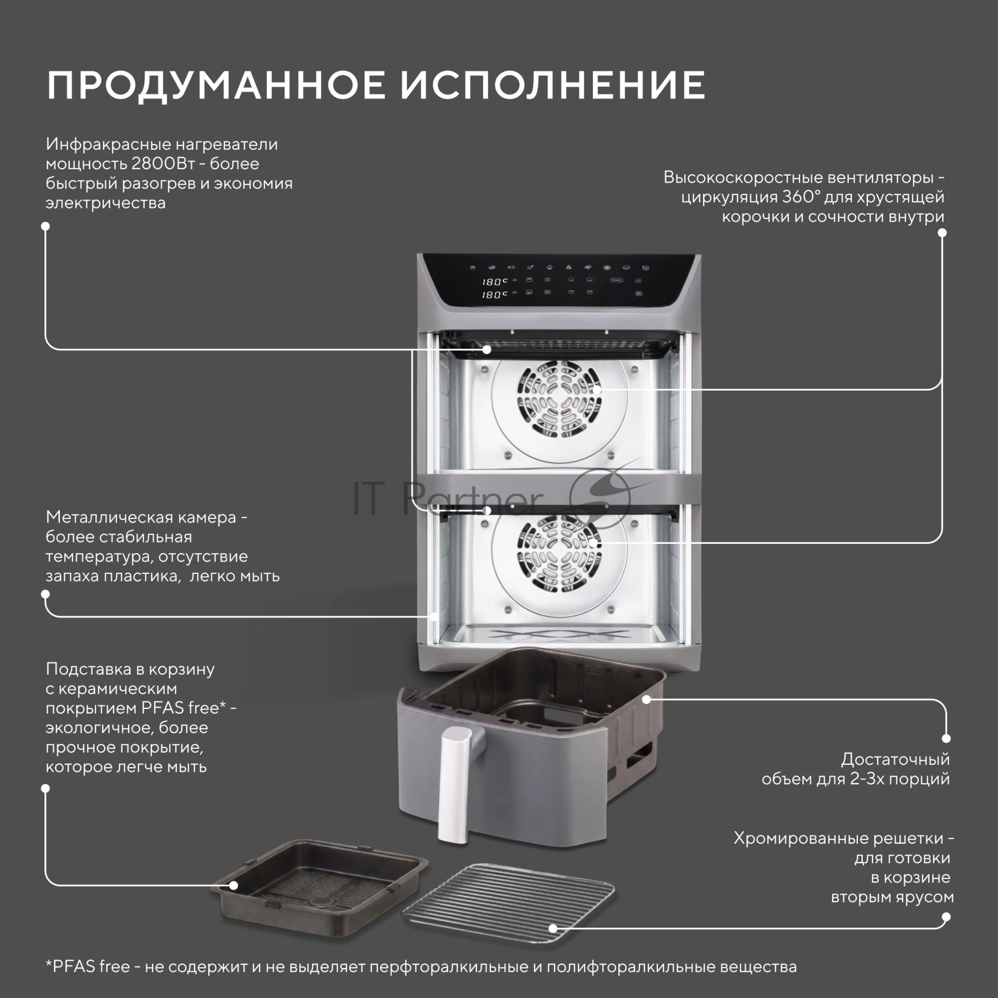 Аэрогриль Hyundai HYF-9900 серый, 2800 Вт, 12 л, сенсор, 9 программ