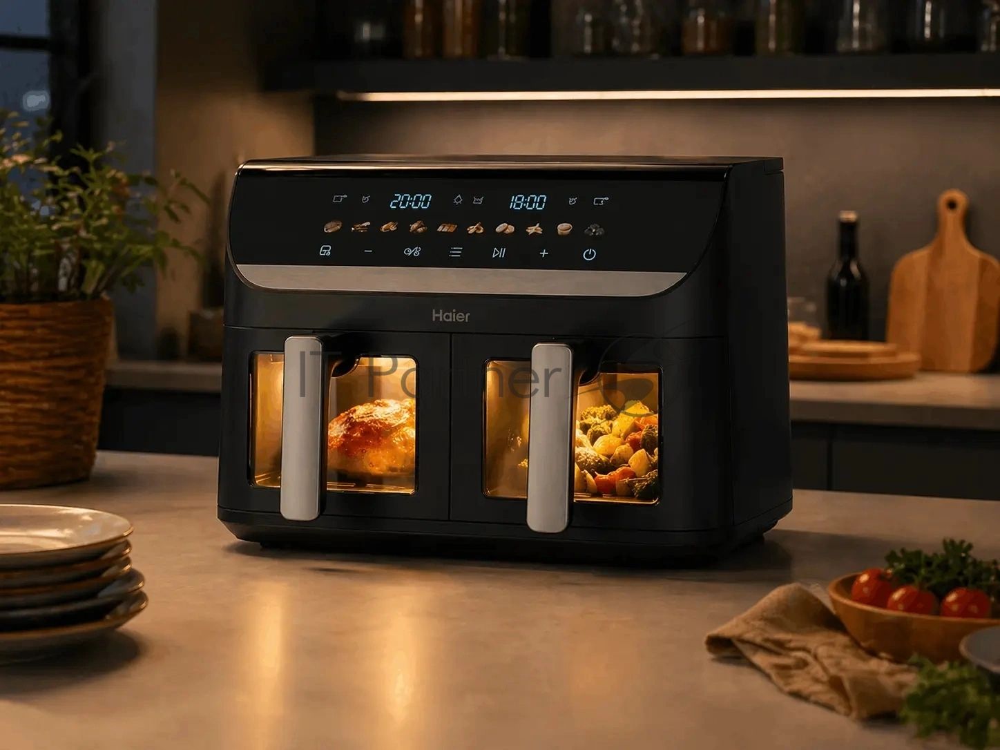 Аэрогриль Haier HAF-702 черный, 3000 Вт, 11 л ( 5.5 л каждая), сенсор, 10 программ