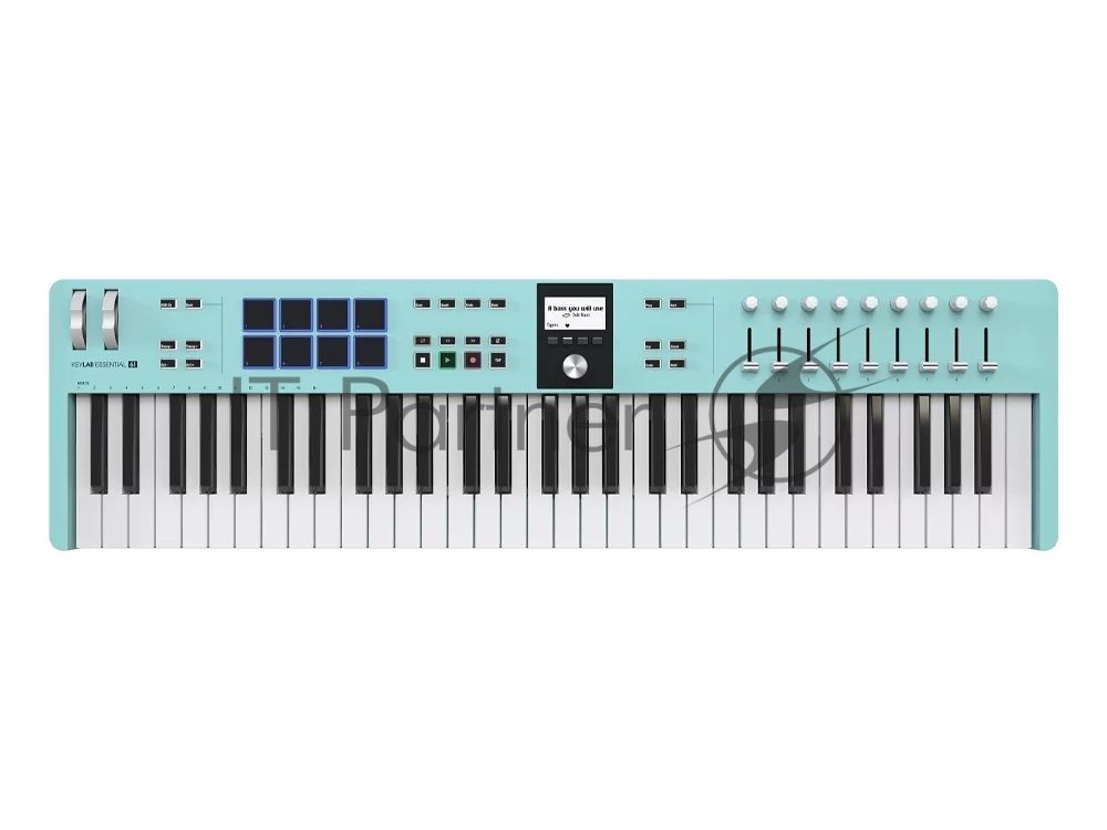 Клавиатура MIDI 231534 Arturia KeyLab Essential 61 mk3 Aquamarine 61 клавиша, LCD дисплей, 9 энкодеров, 8 пэдов, 9 фейдеров, 12 кнопок управления, колеса высоты тона и модуляции, 1/4" Jack вход для педали, MIDI выход, Type-C