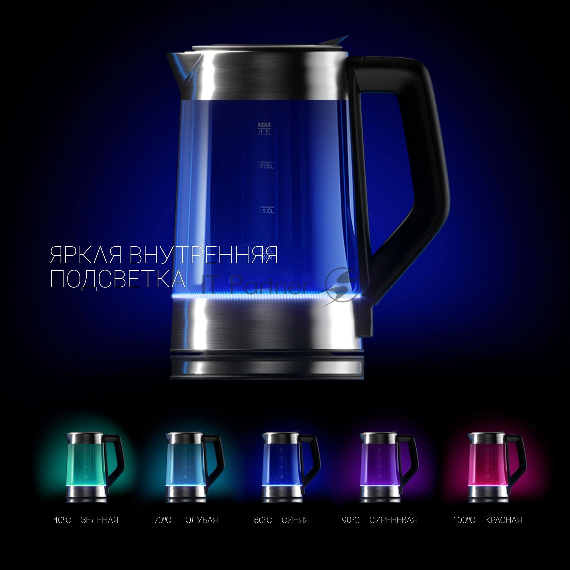 Чайник электрический POLARIS PWK1725CGLD WIFI IQ Home, 1,7 л, 2200 Вт, стекло