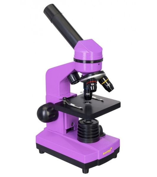 Микроскоп Levenhuk RAINBOW 2L AMETHYST/Аметист Микроскоп с предметным столиком, трехгнездным револьвером, фокусировочным механизмом, двумя источниками света с регулировкой яркости Монокулярная насадка Объективы: 4х, 10х, 40х, Увеличение микроскопа: 64-640