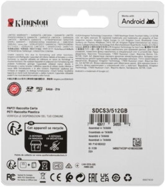 Флеш карта microSDXC 512Gb Kingston SDCS3/512Gb Canvas Select Plus + adapter