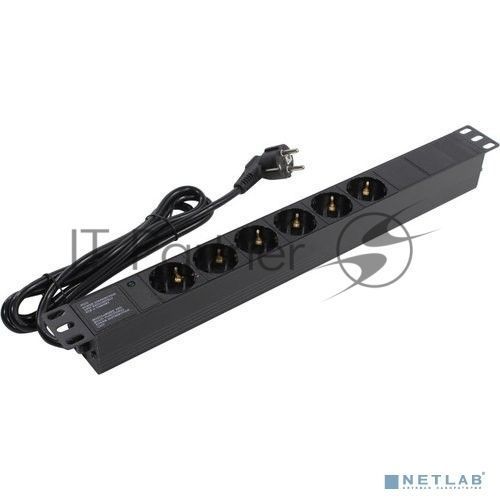 Блок розеток горизонтальный ExeGate ServerPro PDU-19H602 Al-6S-EU2, 19", 1U, Алюминий, 6 Schuko, кабель с евровилкой VDE-250V-16A-3*1.5мм2, 2метра, черный