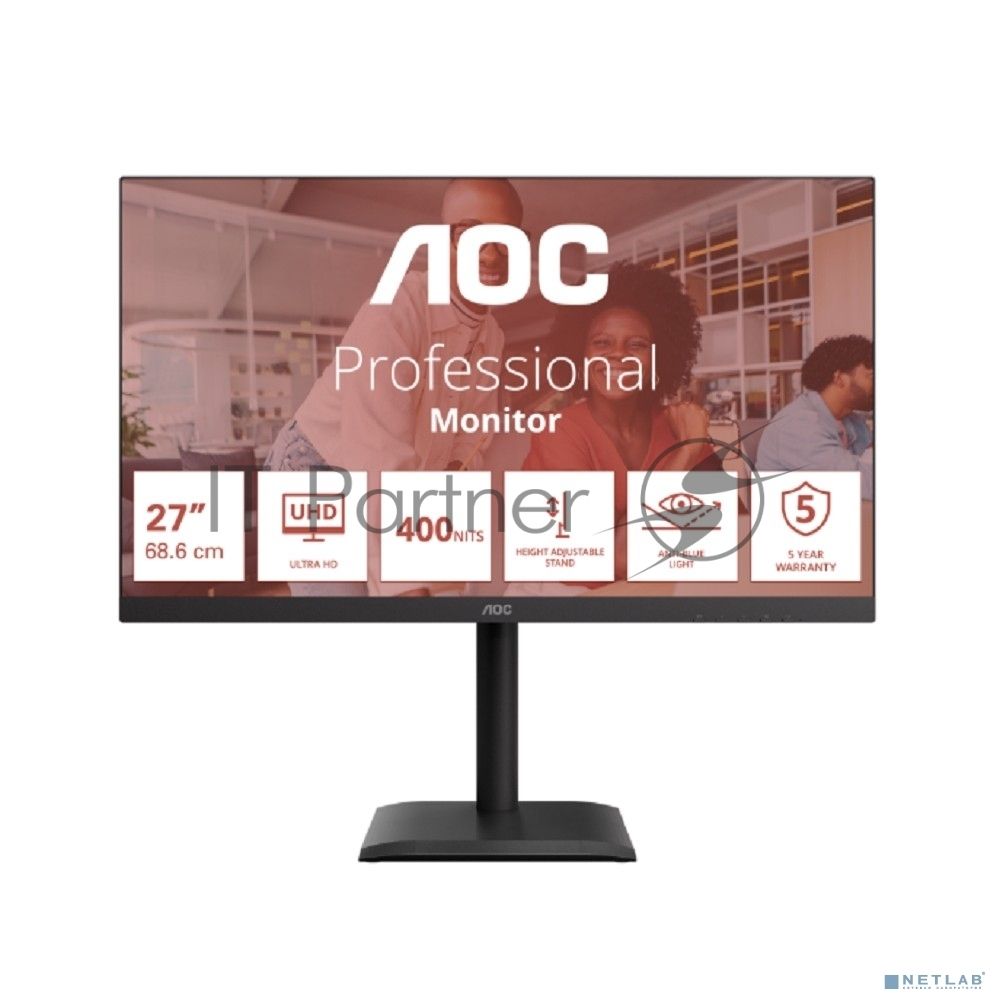 Монитор 27" AOC U27E4CV IPS 3840x2160, 60 Гц, 4 мс, 16:9, 400 кд/м², 2xHDMI 2.0, DP 1.4, DP Out, USB-C (90 Вт), USB Hub (4x USB 3.2), RJ45, 3.5 Jack, динамики (2x2 Вт), HDR Ready, Adaptive-Sync, VESA 100x100, черный