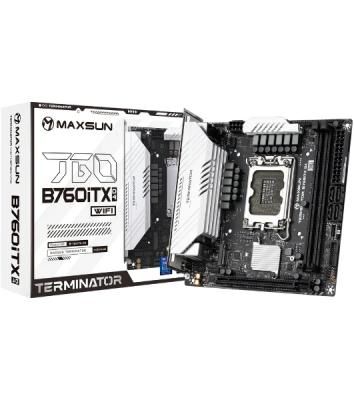 Материнская плата Maxsun Terminator B760ITX D4 WIFI V3, LGA 1700, Intel B760, 2xDDR4 (до 64 ГБ), 4xSATA, 2xM.2 (PCIe 4.0 x4), 1xPCIe 5.0 x16, 1xHDMI, 1xDP, 1x2.5Gb LAN, Wi-Fi 6E, Bluetooth 5.3, 1xUSB-C 20Gbps, 4xUSB-A 5Gbps, 4xUSB-A 2.0, 3x3.5 мм, 7.1, чё