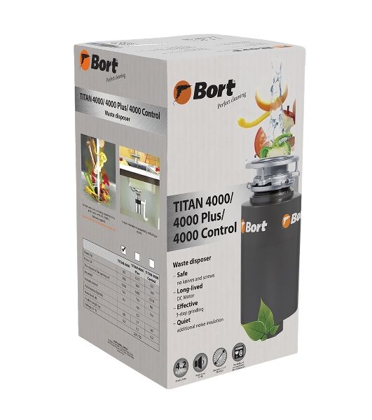 Измельчитель пищевых отходов Bort TITAN 4000 390 Вт; 4,2 кг/мин; 2800 об/мин; 1200 мл; Металл; набор аксессуаров 4 шт [91275769] 91275769