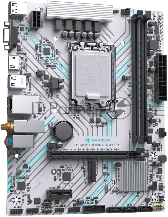 Материнская плата Maxsun B760M GAMING WIFI ICE, LGA 1700, Intel B760, 2xDDR4, 3xSATA, 1xM.2, 1xPCIe 4.0 x16, 1xPCIe x1, 1xVGA, 1xHDMI, 1x1Gb LAN, Wi-Fi 5, Bluetooth 4.2, 2xUSB-A 5Gbps, 4xUSB-A 2.0, 3x3.5 мм, 7.1, белый, mATX