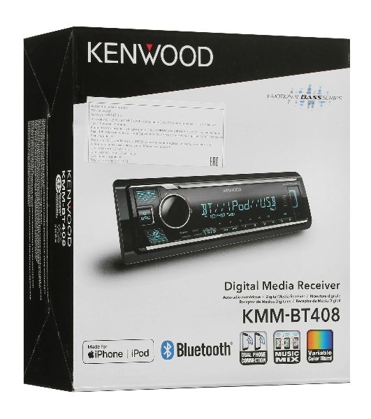 Автомагнитола Kenwood KMM-BT408, 1 DIN, Bluetooth, USB Type-A, AUX, съёмная панель