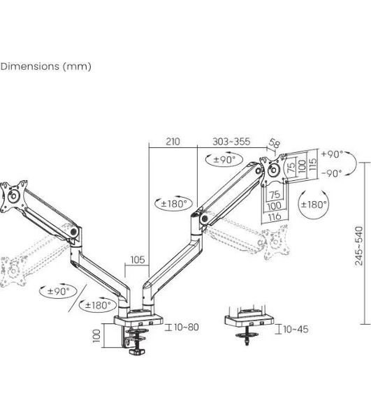 Кронштейн для мониторов Ultramounts UM731 черный 17"-35" макс.16кг крепление к столешнице поворот и наклон
