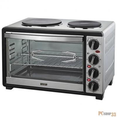 Мини-печь Mystery MOT-3330 (нержавеющая сталь, 1500 Вт, 2 конфорки, гриль, съемный вертел)