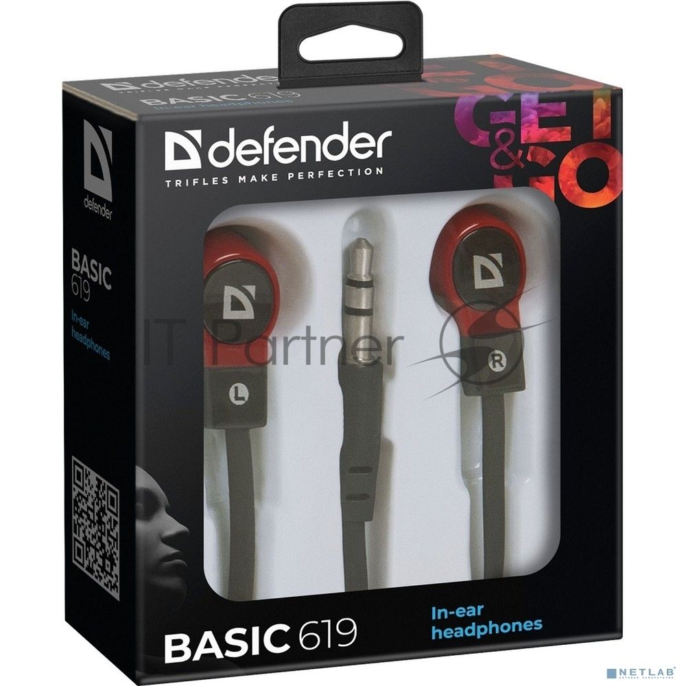 Наушники Defender  вставки Basic 619 черный/красный