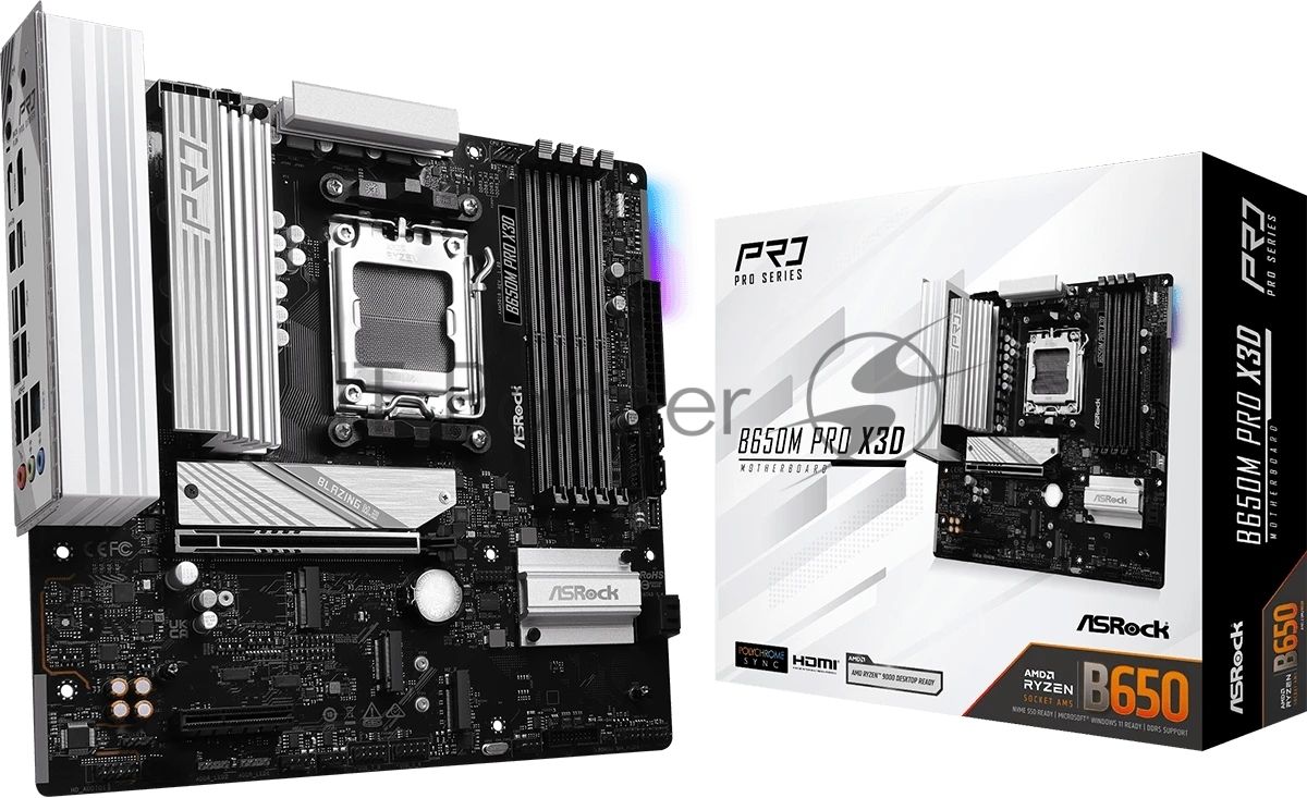Материнская плата ASRock B650M Pro X3D, AM5, AMD B650, 4xDDR5, 4xSATA, 3xM.2, 1xPCIe 5.0 x16, 1xPCIe 4.0 x4, 1xHDMI, 1xDP, 1x2.5Gb LAN, 1xUSB-C 10Gbps, 1xUSB-A 10Gbps, 2xUSB-A 5Gbps, 4xUSB-A 2.0, 3x3.5 мм, 7.1, mATX