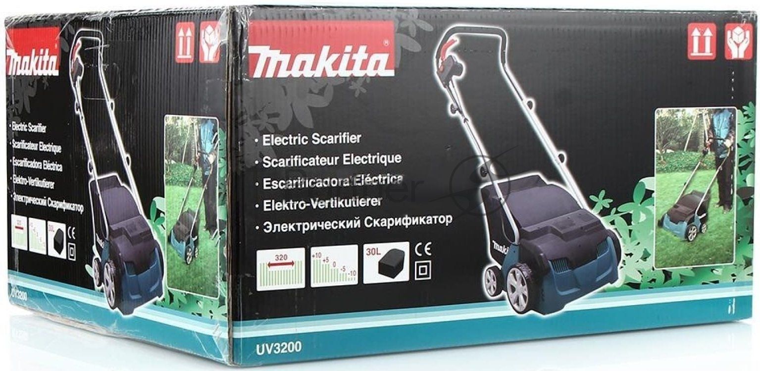 Газонокосилки Makita UV3200 Скарификатор, 1300Вт,32см,3500об\мин,5уров(-10+10мм),30л,нож-фреза,12кг,кор
