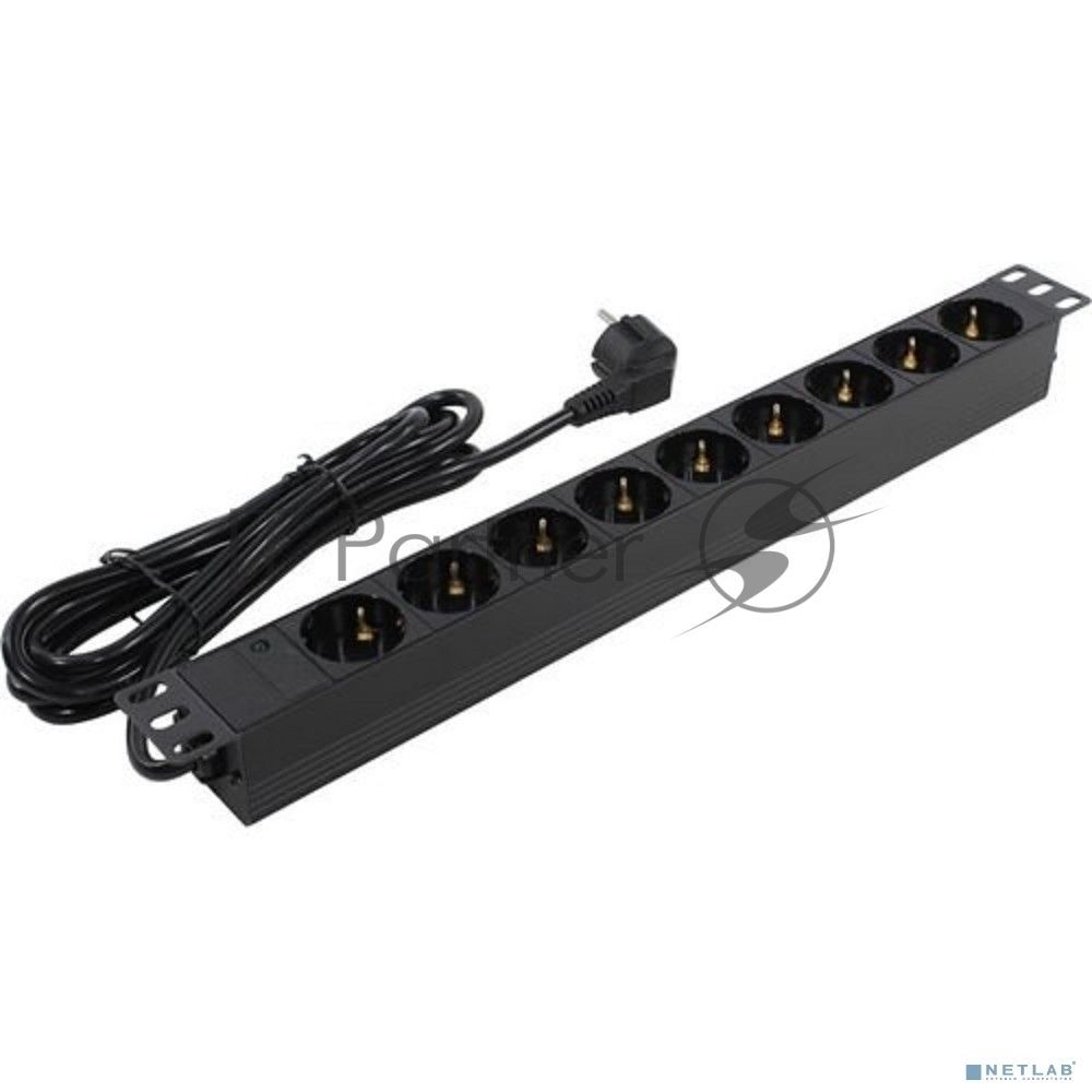 Блок розеток горизонтальный ExeGate ServerPro PDU-19H905 Al-9S-EU3, 19", 1U, Алюминий, 9 Schuko, кабель с евровилкой VDE-250V-16A-3*1.5мм2, 3 метра, черный