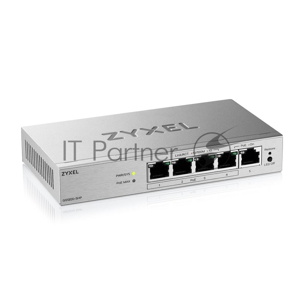 Коммутатор ZYXEL GS1200-5HPV3-EU0101F, 5×1 Гбит/с, 4×PoE+, 68 Вт, управляемый