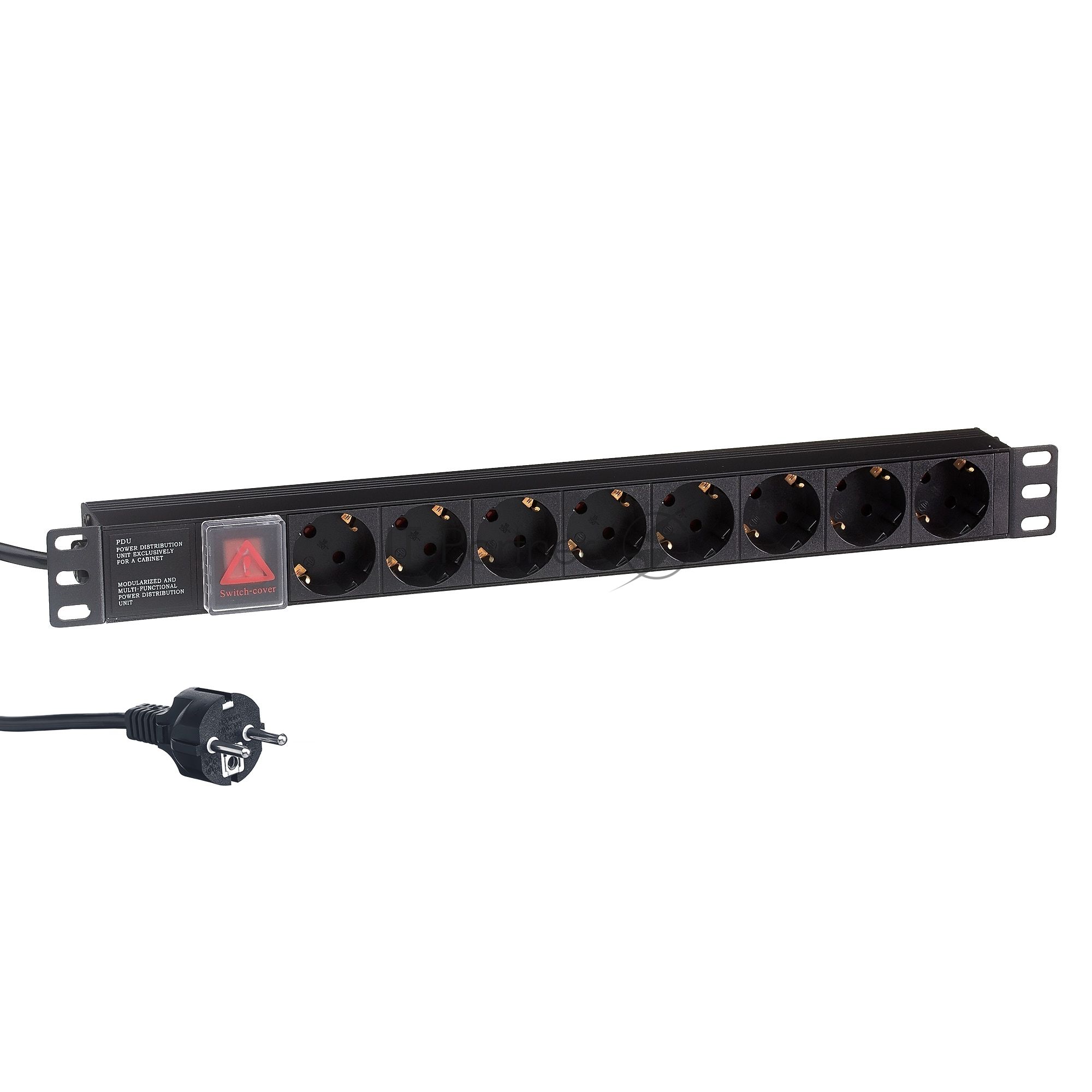 Блок розеток горизонтальный ExeGate ServerPro PDU-19H804 Al-8S-EU2.5-SW, 19", 1U, Алюминий, 8 Schuko, кабель с евровилкой VDE-250V-16A-3*1.5мм2, 2.5 метра, выкл. с подсветкой, черный