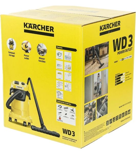 Строительный пылесос Karcher WD 3 P V-17/4/20 желтый, 1000 Вт, уборка сухая/сбор воды, пылесборник мешок/контейнер, 17 л