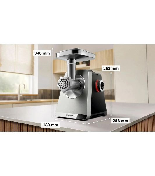 Мясорубка электрическая Bosch Series 8 MFWS835M черный, 2500 Вт, 4.5 кг/мин, реверс, защита от перегрузки, металлический лоток, насадки - 6