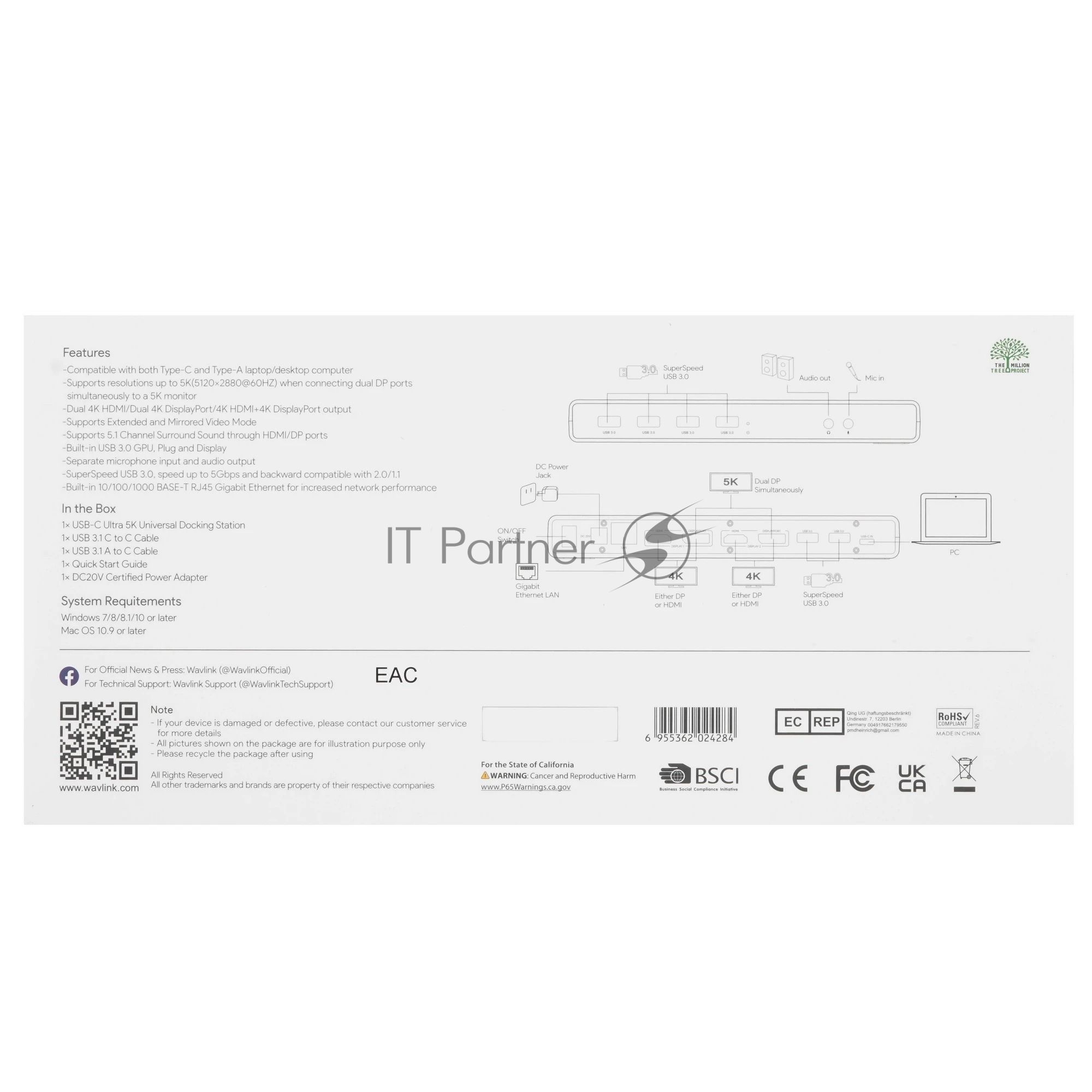 Док-станция WAVLINK WL-UG69DK1, USB Type-C, DisplayPort/HDMI/RJ-45/USB Type-C/Jack 3.5mm, USB