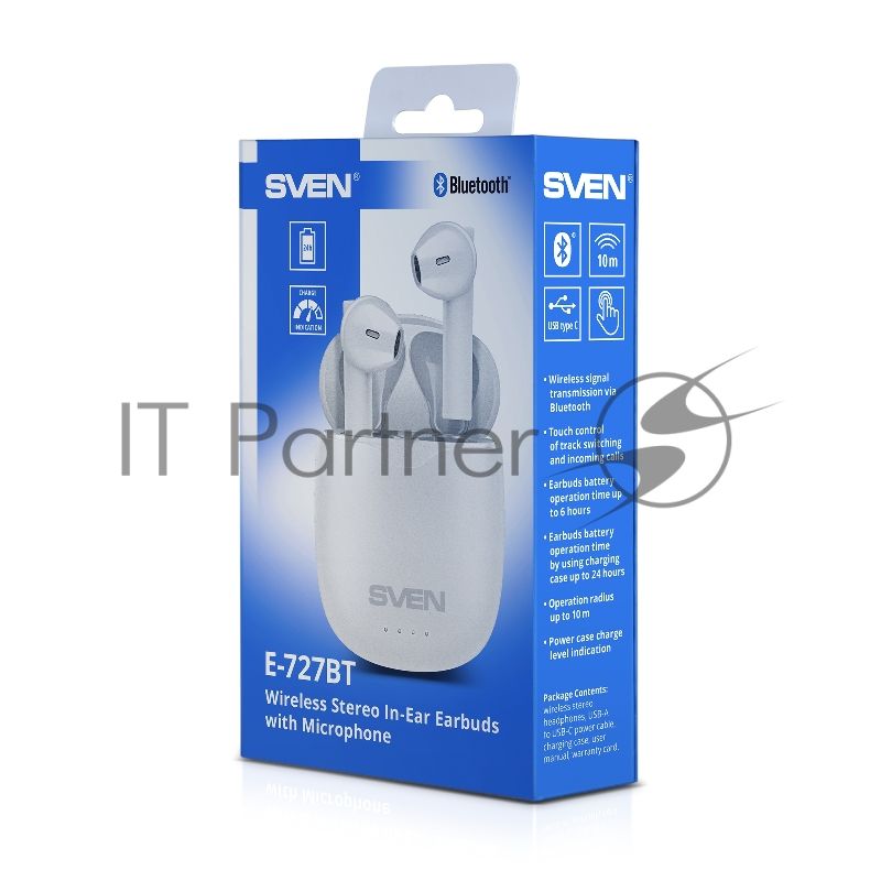 Наушники TWS SVEN E-727BT белый, вкладыши, Bluetooth, сенсорное управление, до 24 ч