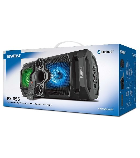 Мобильные колонки SVEN PS-655 2.0 черные (2x25W, mini Jack, USB Type-C, USB flash, Bluetooth, FM, micro SD, ПДУ, LED экран, 4400 мA, RGB подсветка)