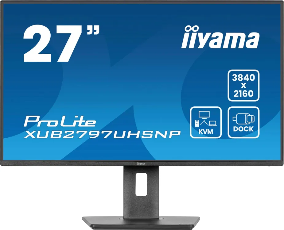 Монитор 27" iiyama XUB2797UHSNP-B1 IPS 4K 3840x2160, 60 Гц, 4 мс, 16:9, 350 кд/м², HDMI, DisplayPort, USB-A, USB-C (96 Вт), Ethernet, KVM-модуль, встроенные динамики, Flicker Free, Low Blue Light, трехсторонний безрамочный дизайн, регулировка по высоте, п