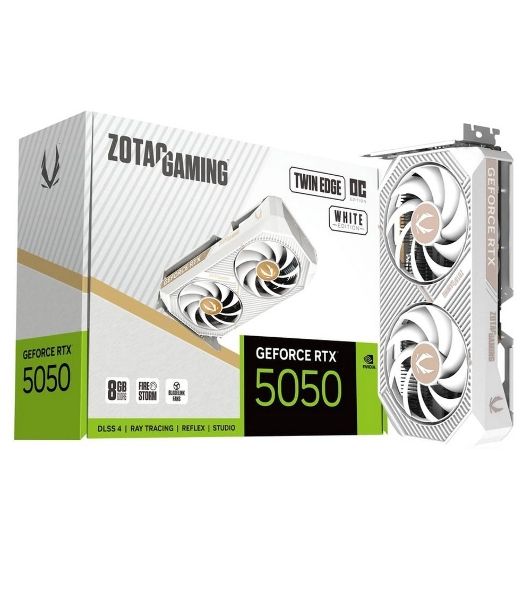 Видеокарта Zotac GAMING GeForce RTX 5050 TWIN EDGE OC WHITE ED, NVIDIA RTX 5050, 8 ГБ GDDR6, 128 бит, PCI-e 5.0, 1xHDMI, 3xDP, 2602 МГц