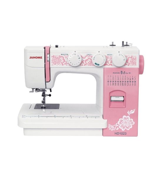 Швейная машина Janome HD1023 белый/розовый, электромеханическая, вертикальный качающийся, 25 операций, автоматическая петля