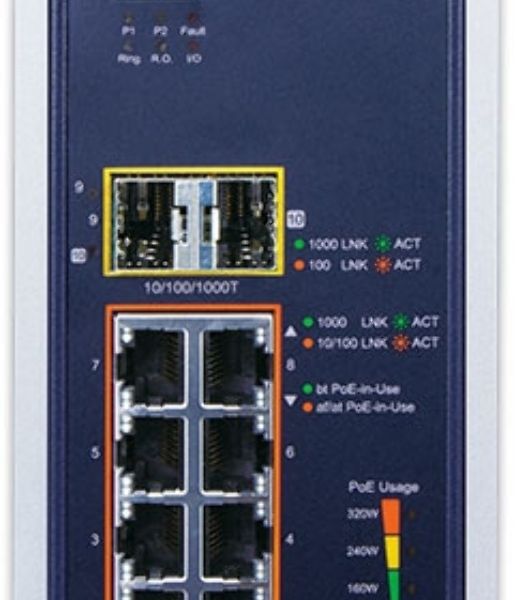 Коммутатор PLANET IGS-6325-8UP2S IP30 DIN-rail Industrial L3 8-Port 10/100/1000T 802.3bt PoE + 2-port 1G/2.5G SFP Full Managed Switch (-40 to 75 C, 8-port 95W PoE++, 802.3bt/PoH/Force modes, dual redundant power input on 48~56VDC terminal block, DIDO, ERP