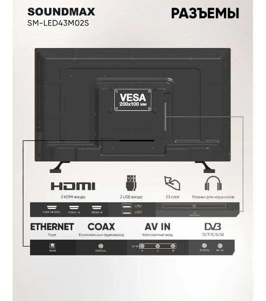 Телевизор Soundmax 43" SM-LED43M02S черный LED FHD 60Hz Android 1GB/8GB