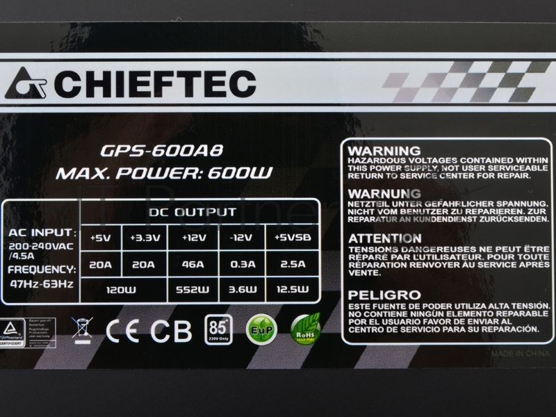 Блок питания Chieftec RTL GPS-600A8, 600Вт, 80 PLUS, 120мм, черный
