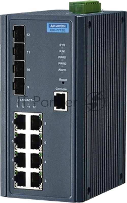 Коммутатор управляемый EKI-7712E-4F-AE Advantech Ethernet, 8 портов RJ-45, 4 порта Gigabit SFP, металлический корпус, IP30