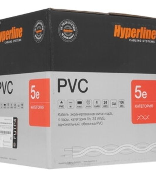 Кабель Hyperline FUTP4R-C5E-S24-IN-PVC-GY-305 (305м) Кабель витая пара, экранированный F/UTP, общий экран фольга, категория 5e, 4 пары 24 AWG, 4х2х0,51 мм, однопроволочные жилы, PVC, нг(А)-LS, внутренний -20°C – +75°C, серый, системная гарантия 25 лет