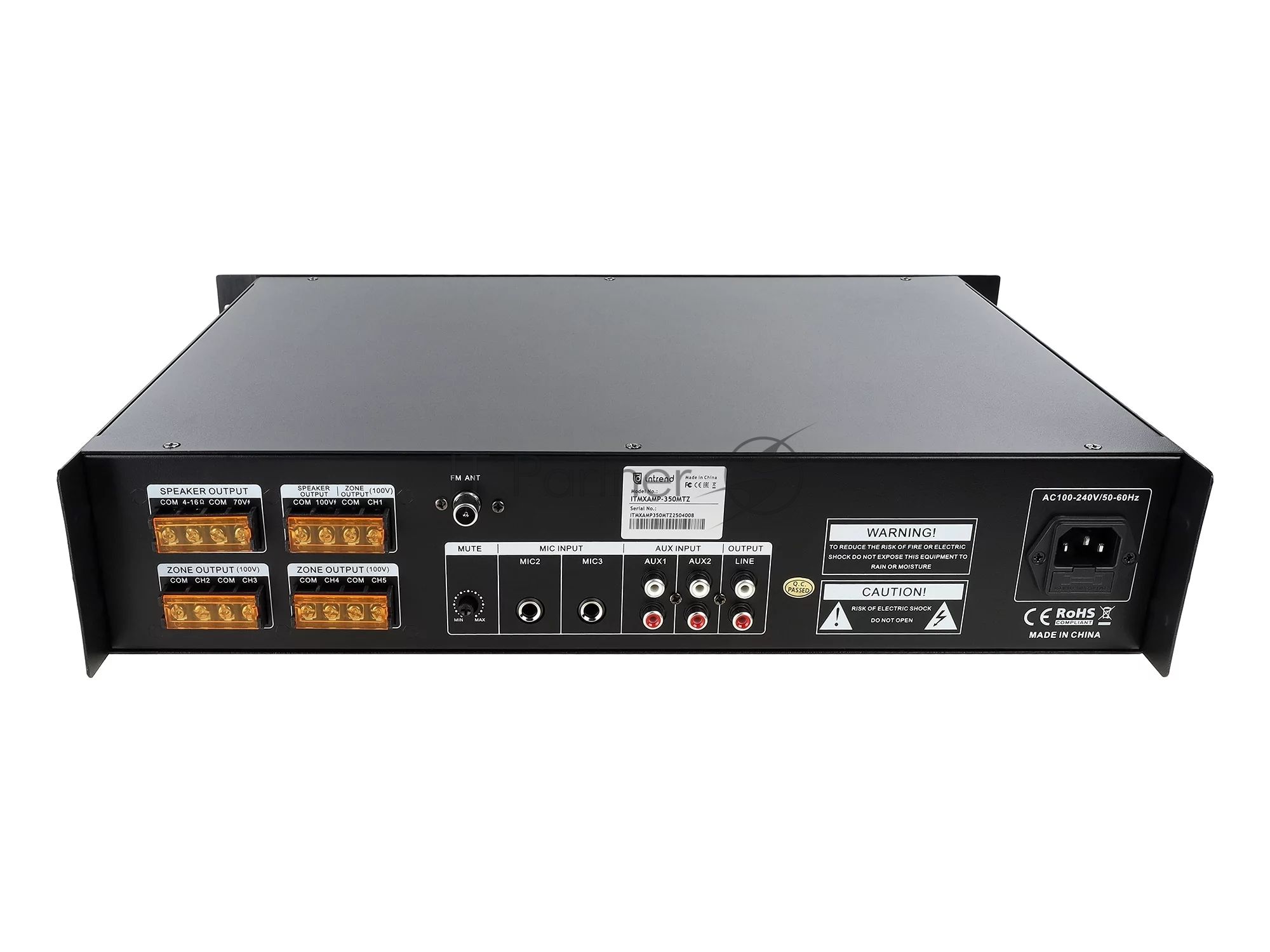 Микшер-усилитель Intrend ITMXAMP-350MTZ зональный, 5 зон. MP3, FM-тюнер, USB, Bluetooth, 3хMic/2хLine входы, 1хLine выход, 350 Вт, 4-16 Ом/100V, IR-пульт в комплекте