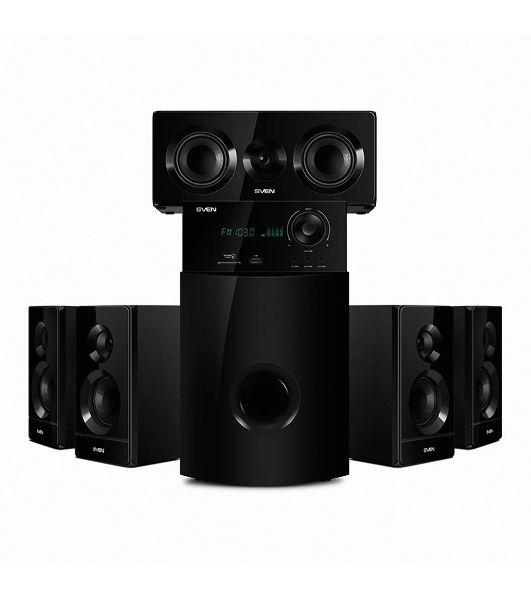 Аудиоколонки SVEN HT-210, черный, акустическая система 5.1, мощность (RMS):50Вт+5x15Вт, Bluetooth, Optical, Coaxial, FM-тюнер, USB/SD, дисплей, ПДУ