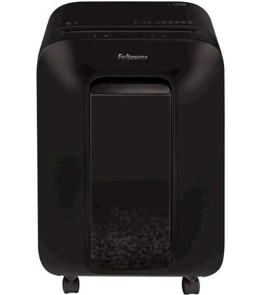 Шредер Fellowes PowerShred LX200 черный (секр.P-4)/перекрестный/12лист./22лтр./скрепки/скобы/пл.карты