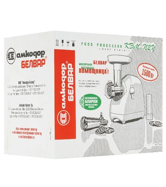Мясорубка электрическая Белвар КЭМ-П2У-302-10 белый, 1500 Вт, 0.4 кг/мин, реверс, защита от перегрузки, насадки - 5