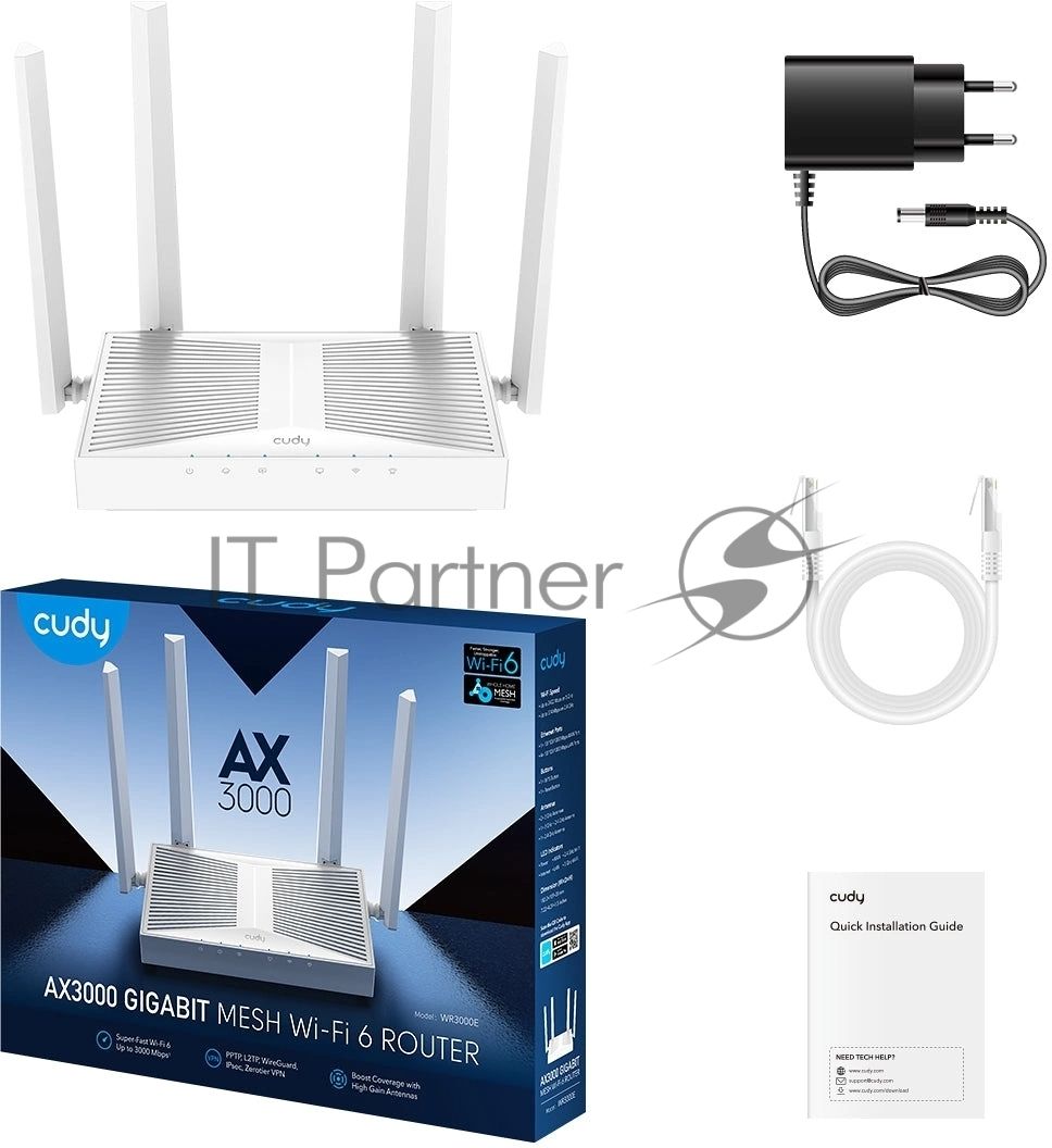 Роутер беспроводной Cudy WR3000E 2.0 Гигабитный роутер Wi-Fi 6 AX3000, 2,4/5 ГГц, до 2976 Мбит/с, 5x1 Гбит/с, IPv6, 4 антенны, черный