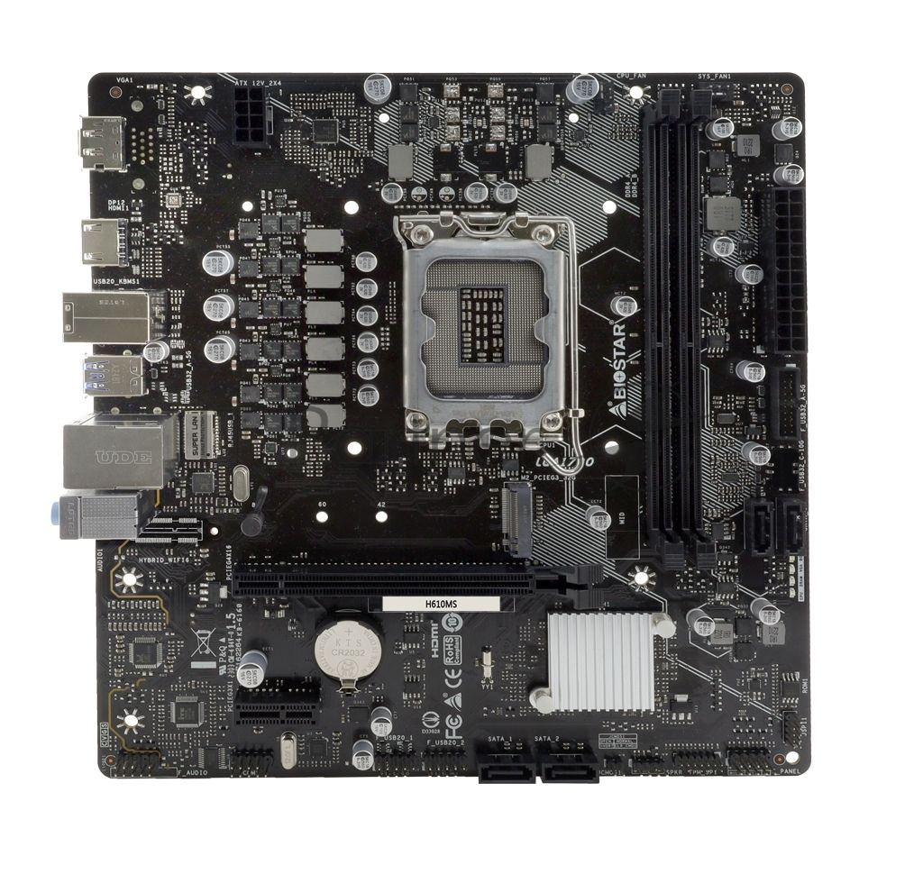 Материнская плата Biostar H610MS, LGA1700, Intel H610, 2xDDR4, 4xSATA, 1xM.2, 1xPCIe 4.0 x16, 1xPCIe 3.0 x1, 1xHDMI, 1xDisplayPort, 1x 1Gb LAN, 1xUSB 3.2 Gen 1, 4xUSB 2.0, 3x3.5 мм, 7.1, microATX