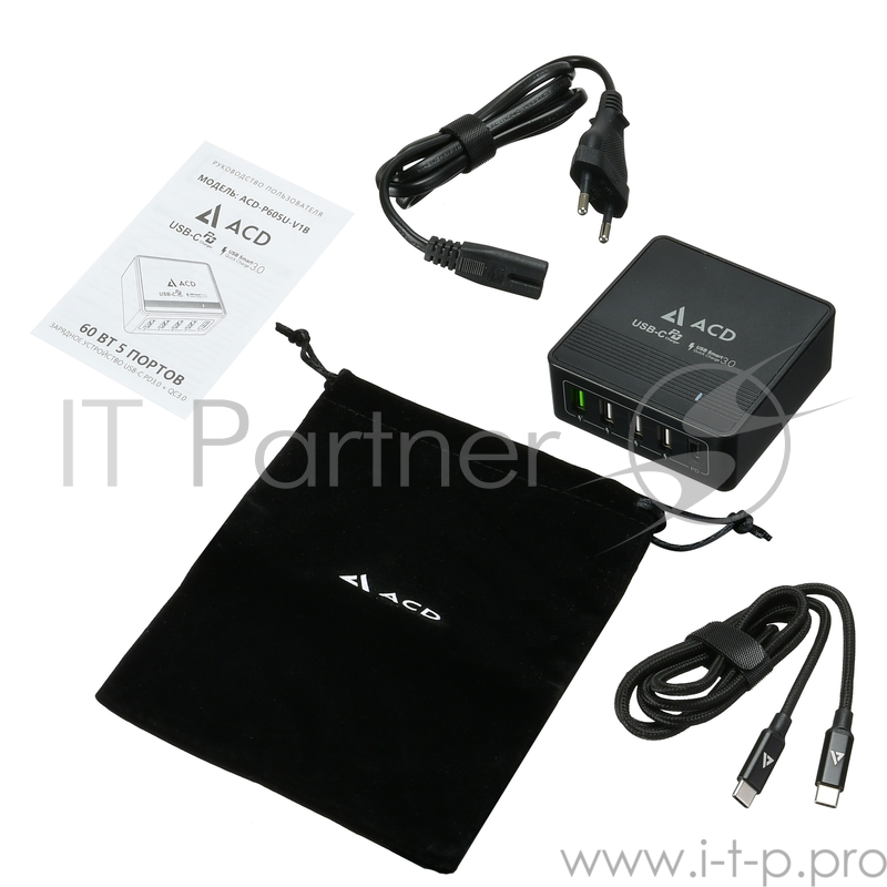 Сетевое зарядное устройство ACD-P605U-V1B 60Вт, 5xUSB 1PD+1QC+3Smart, 3.6~20В/3А RTL