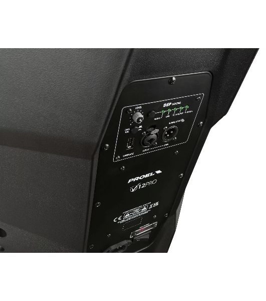 Активная акустическая система PROEL V12PRO 2-х полосная, НЧ динамик 12", ВЧ динамик 1", DSP, мощность пик./ном. 600/300 Вт, АЧХ 50-20000 Гц, макс. SPL 124 дБ, Combo XLR/TRS мик./лин. вход, XLR лин. выход, USB-A порт для радиосистем U24B/U24H
