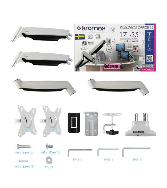 Кронштейн Kromax OFFICE-22 серебристый, 4 шт/уп. Кр. алюм. настол. для мон. 17"-35", max 2x15 кг, 6 ст св., нак. ±90°, пов. 360°, max VESA 100x100 мм.
